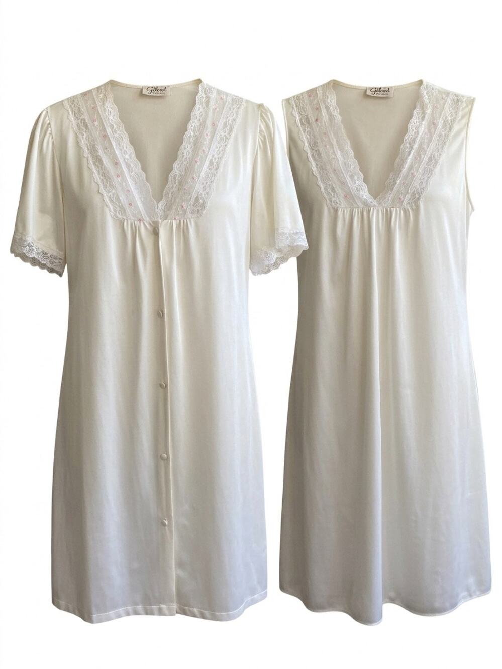 Vintage Gilead 60s Cream Nylon Lace Gown Set Peignoir Robe Pink Rosette Small